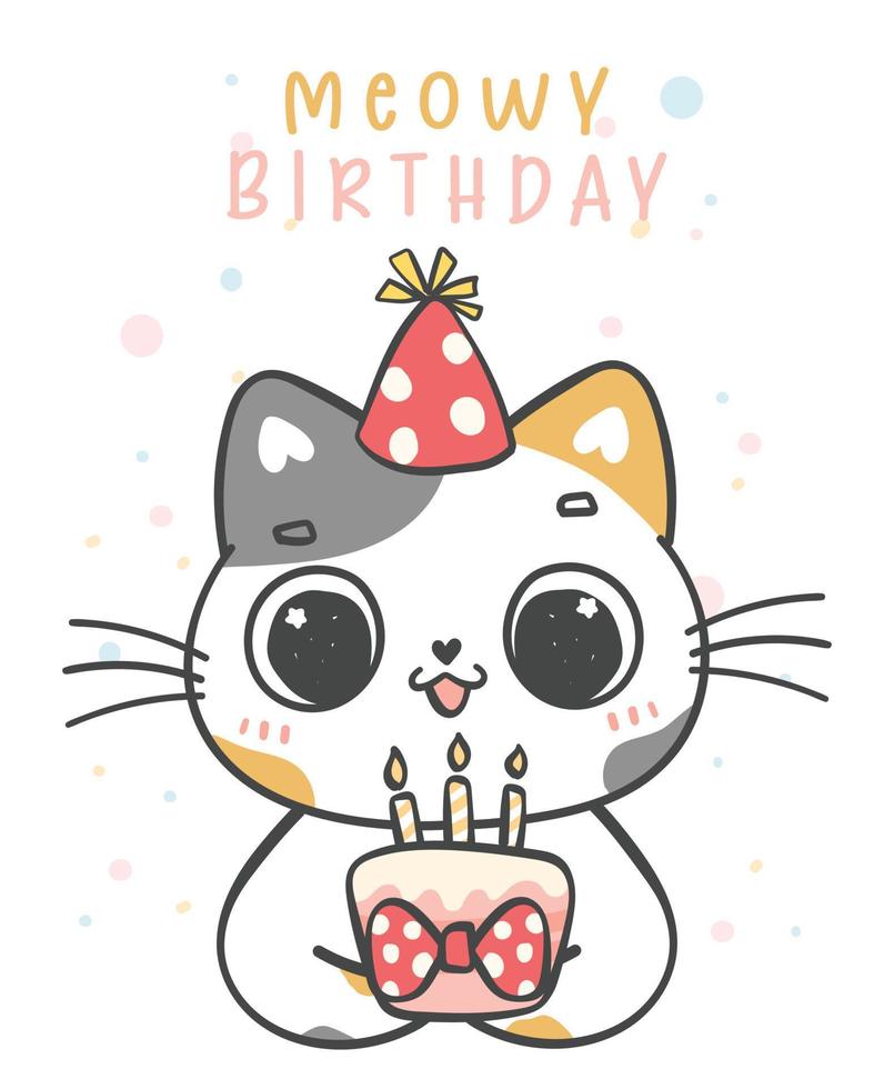 mignonne surprise calicot chaton chat faire la fête, miaou anniversaire de bonne humeur animal de compagnie animal dessin animé griffonnage personnage dessin vecteur