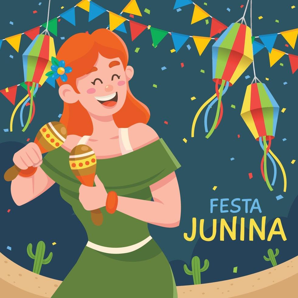 Festa junina avec femme jouant des maracas sur festival vecteur