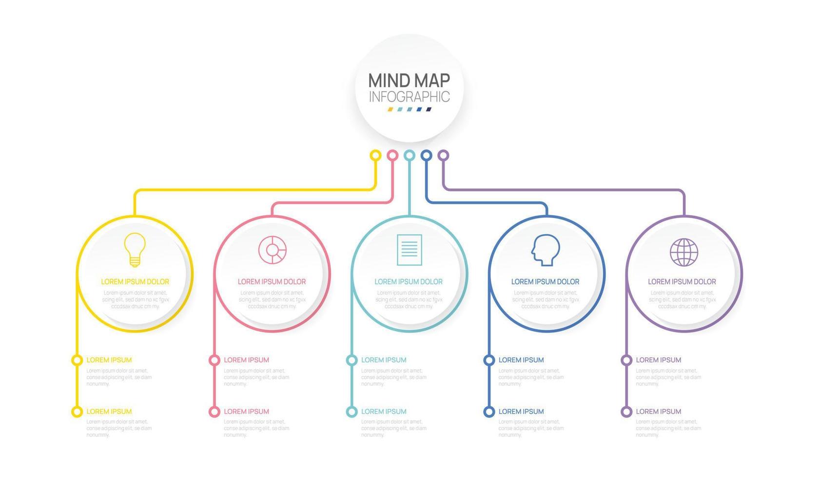 infographie chronologie carte mentale élément pour entreprise. 5 pas moderne esprit carte diagramme, Étape importante présentation vecteur infographie.