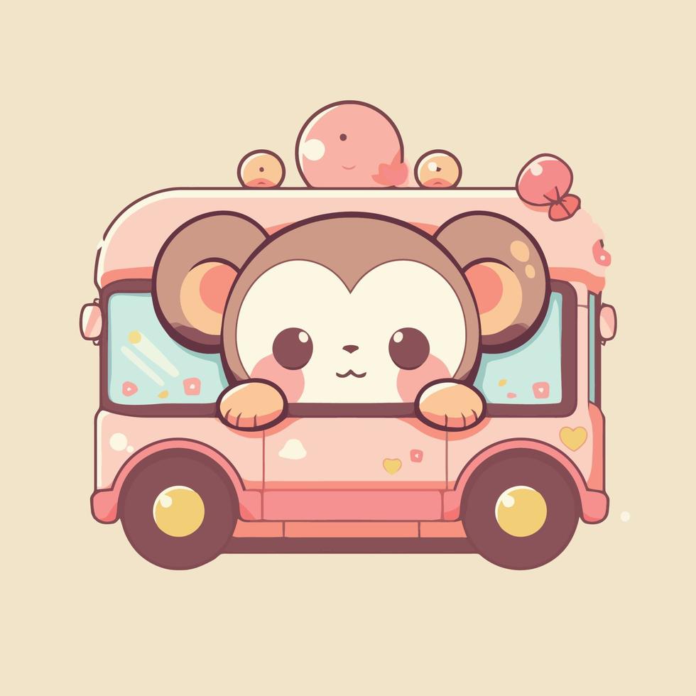 une mignonne dessin animé personnage de une singe sur une rose la glace crème camion. vecteur