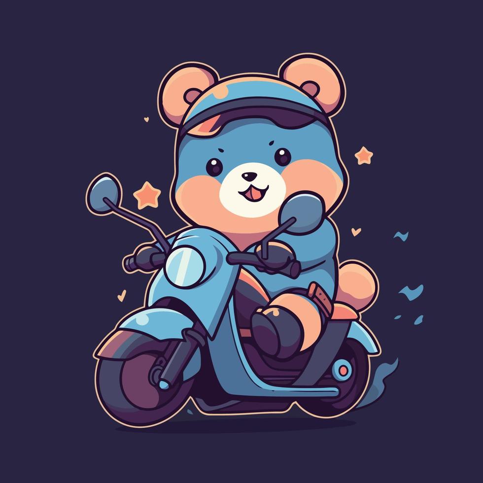 dessin animé ours sur une scooter avec une bleu casque. vecteur