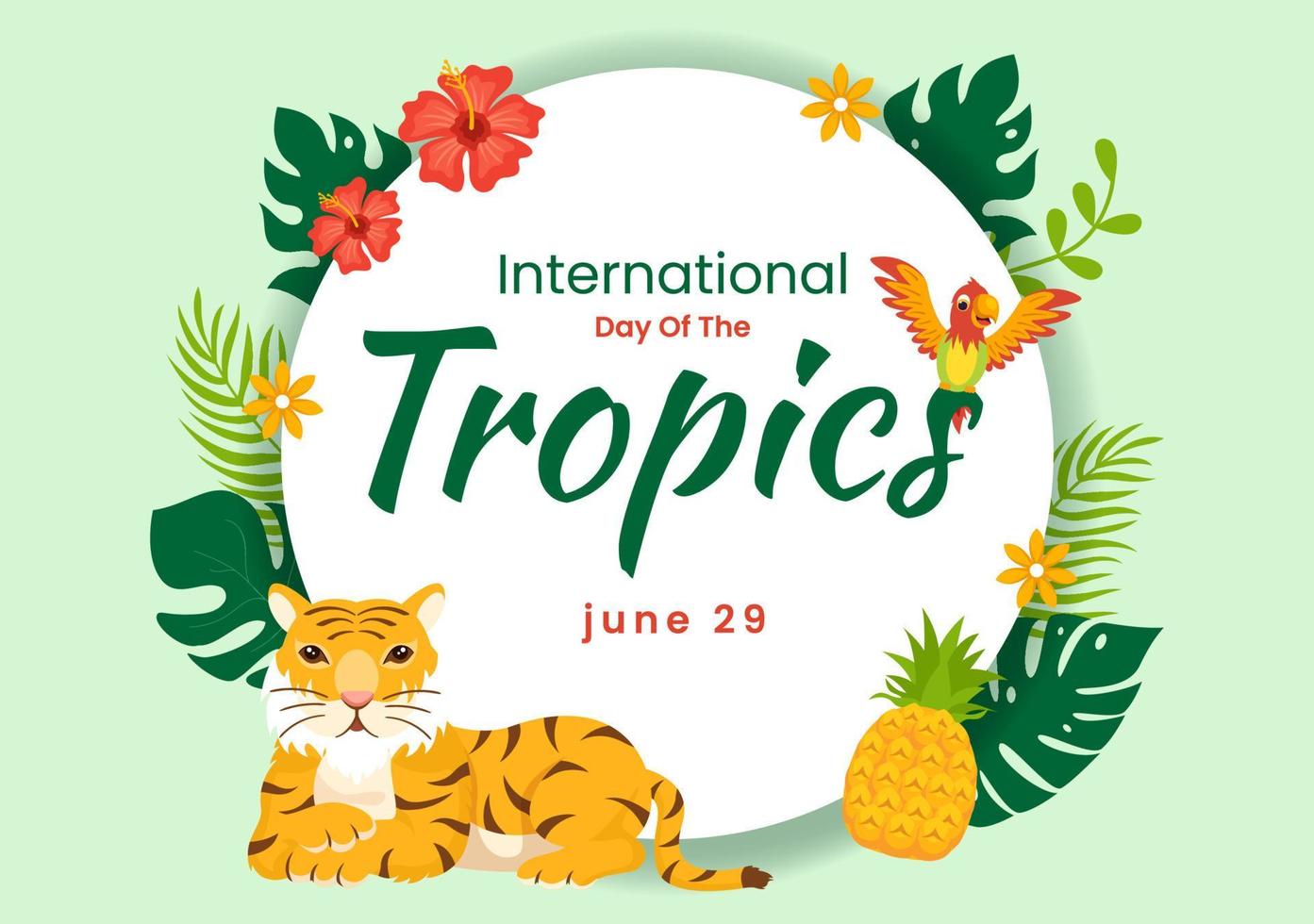 international journée de le tropique vecteur illustration sur 29 juin avec animal, herbe et fleur les plantes à préserver dans plat dessin animé main tiré modèles