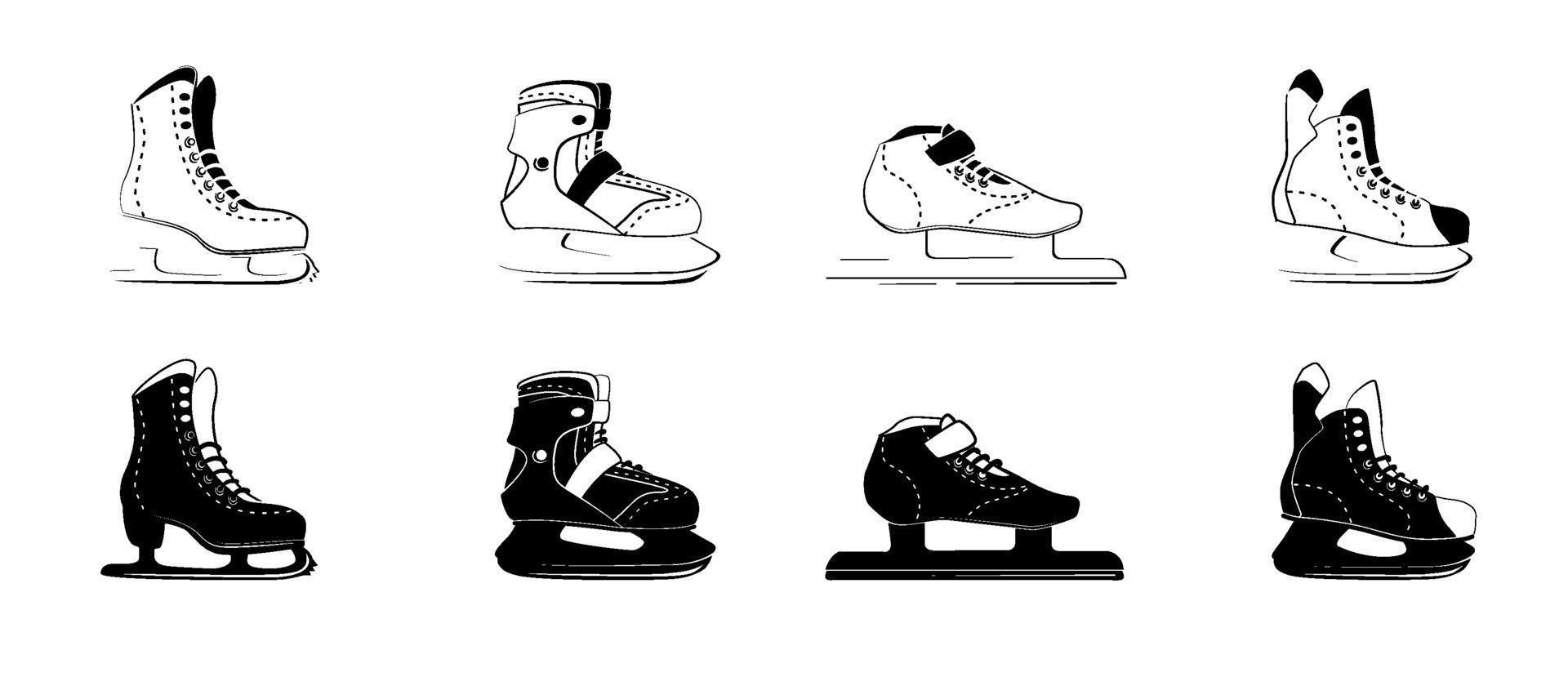 Icônes de glyphe de patins à glace - figure, fitness, course, hockey. type de bottes de patin à glace. logo d'équipement de sport d'hiver dans le style de contour noir. illustration vectorielle isolée sur fond blanc. vecteur