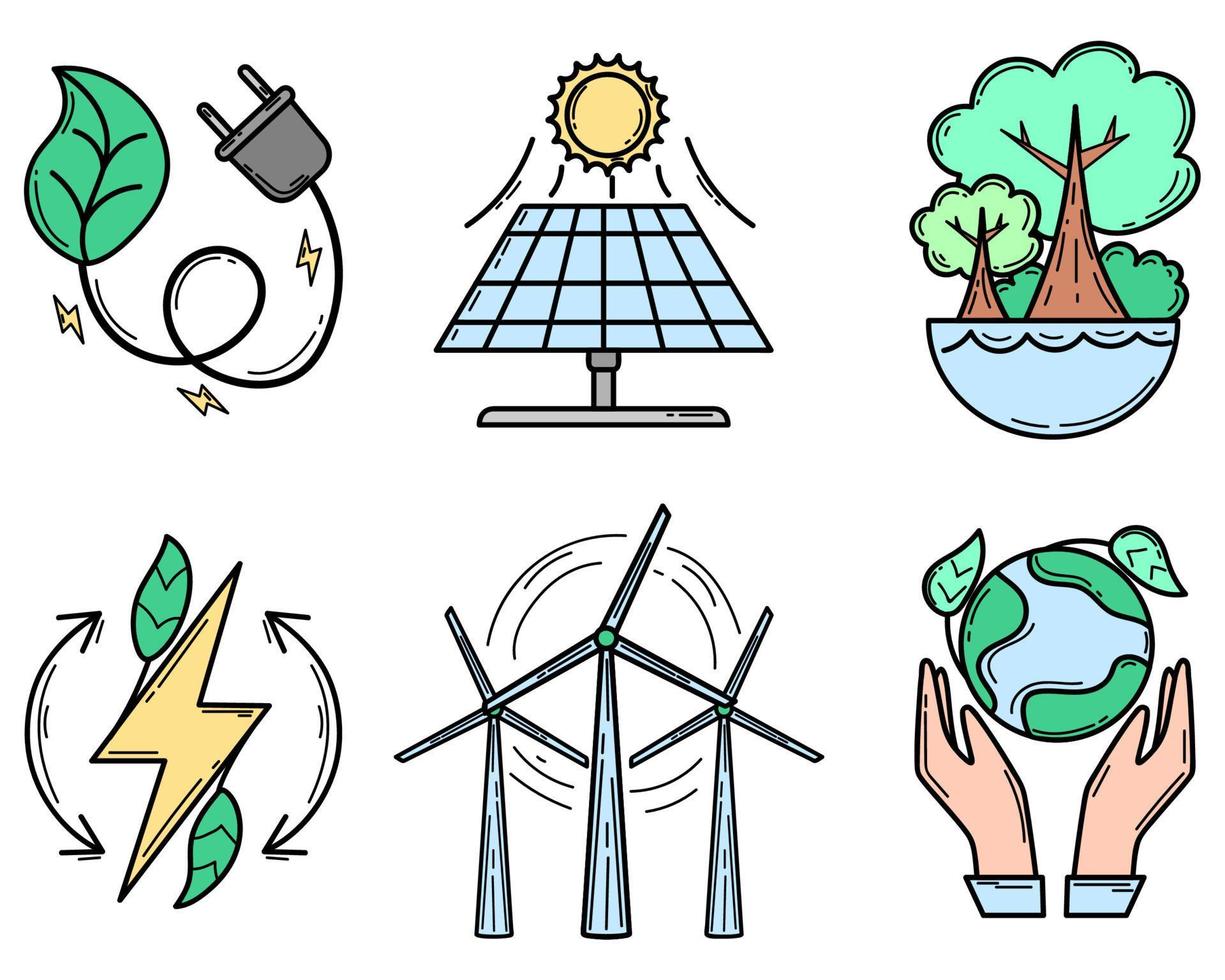 éco Icônes ensemble. écologique icône. vert énergie. solaire panneaux. plat style. vert énergie. nettoyer planète. vecteur