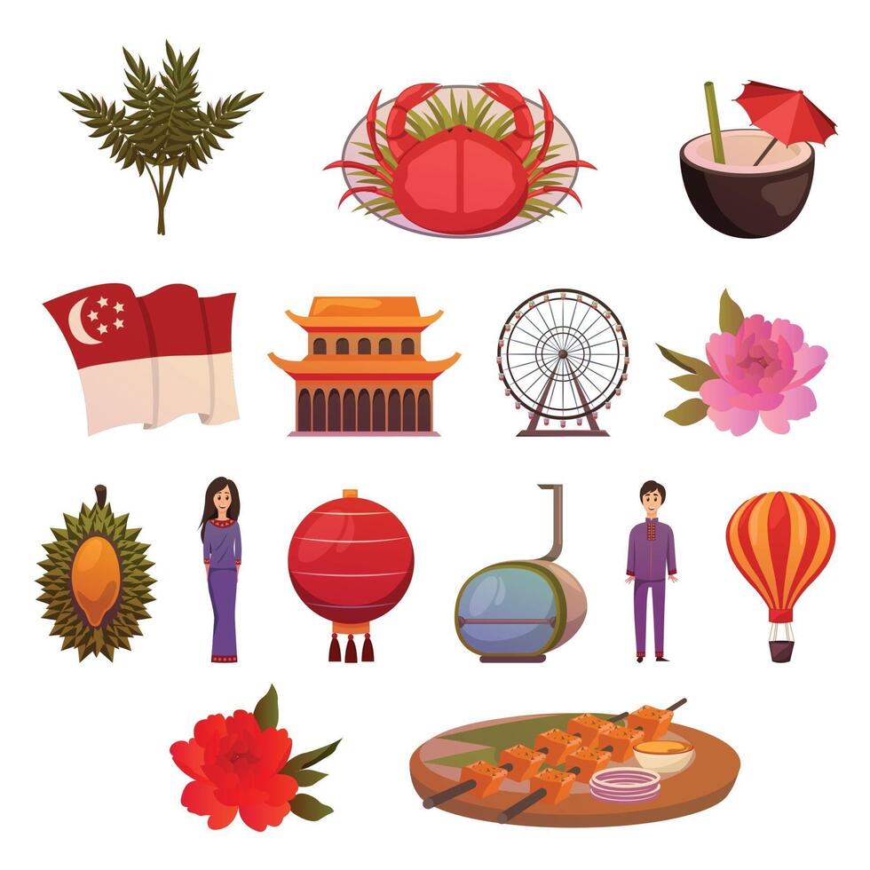 singapour landmarks attractions icon set vector illustration