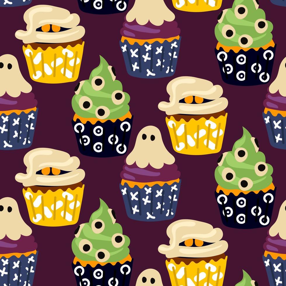 modèle petits gâteaux pour Halloween. des pâtisseries dans le forme de muffins avec une fantôme, une Momie, une vert limace avec yeux. dessin animé vecteur. emballage papier pour Halloween, couverture, modèle, tissu. violet vecteur