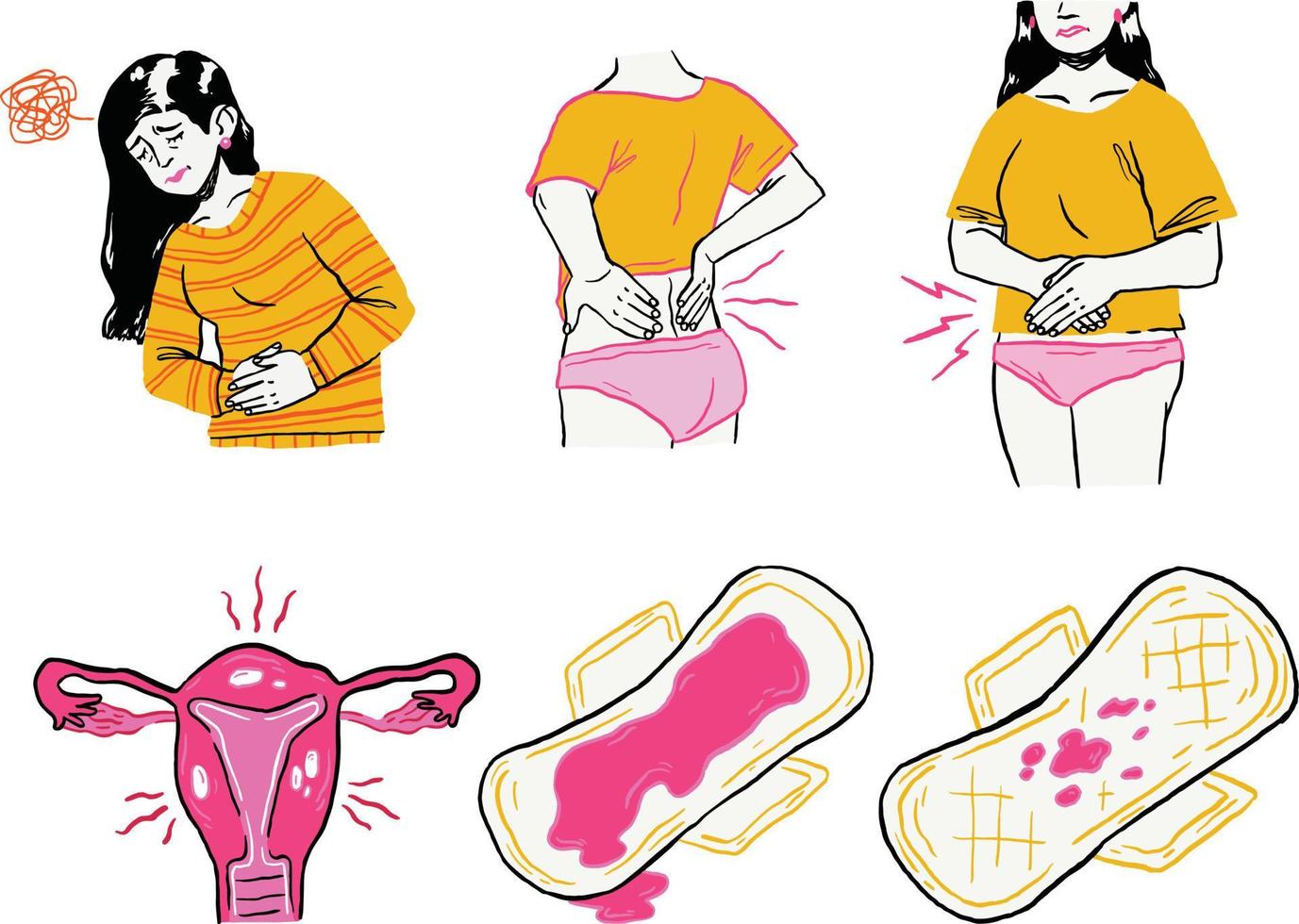 femme avec différent les types de menstruation cycle. ensemble de vecteur illustrations.