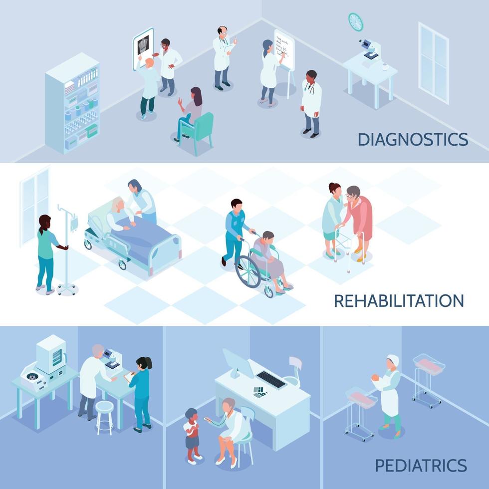 illustration vectorielle de bannières horizontales isométriques du personnel hospitalier vecteur