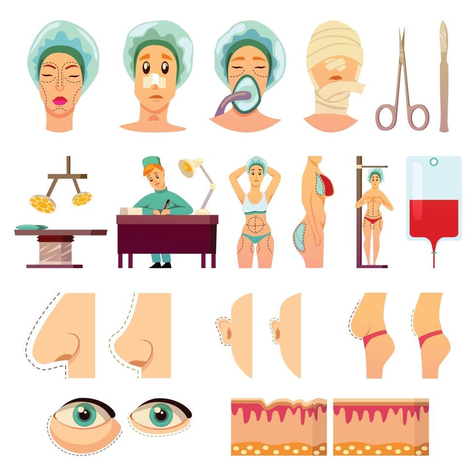 chirurgie plastique icônes orthogonales vector illustration