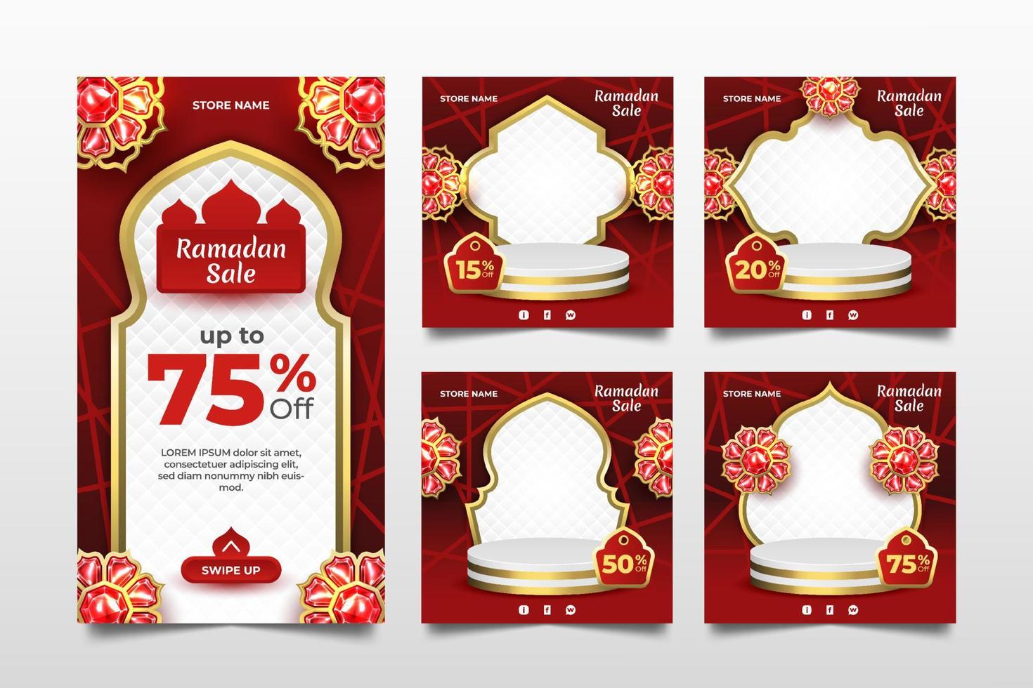 Ramadan social médias promotion modèle avec rouge cristal ornements vecteur