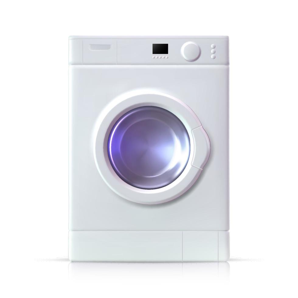réaliste blanc la lessive machine sur une blanc Contexte. de face voir, fermer. 3d réaliste vecteur machine à laver.