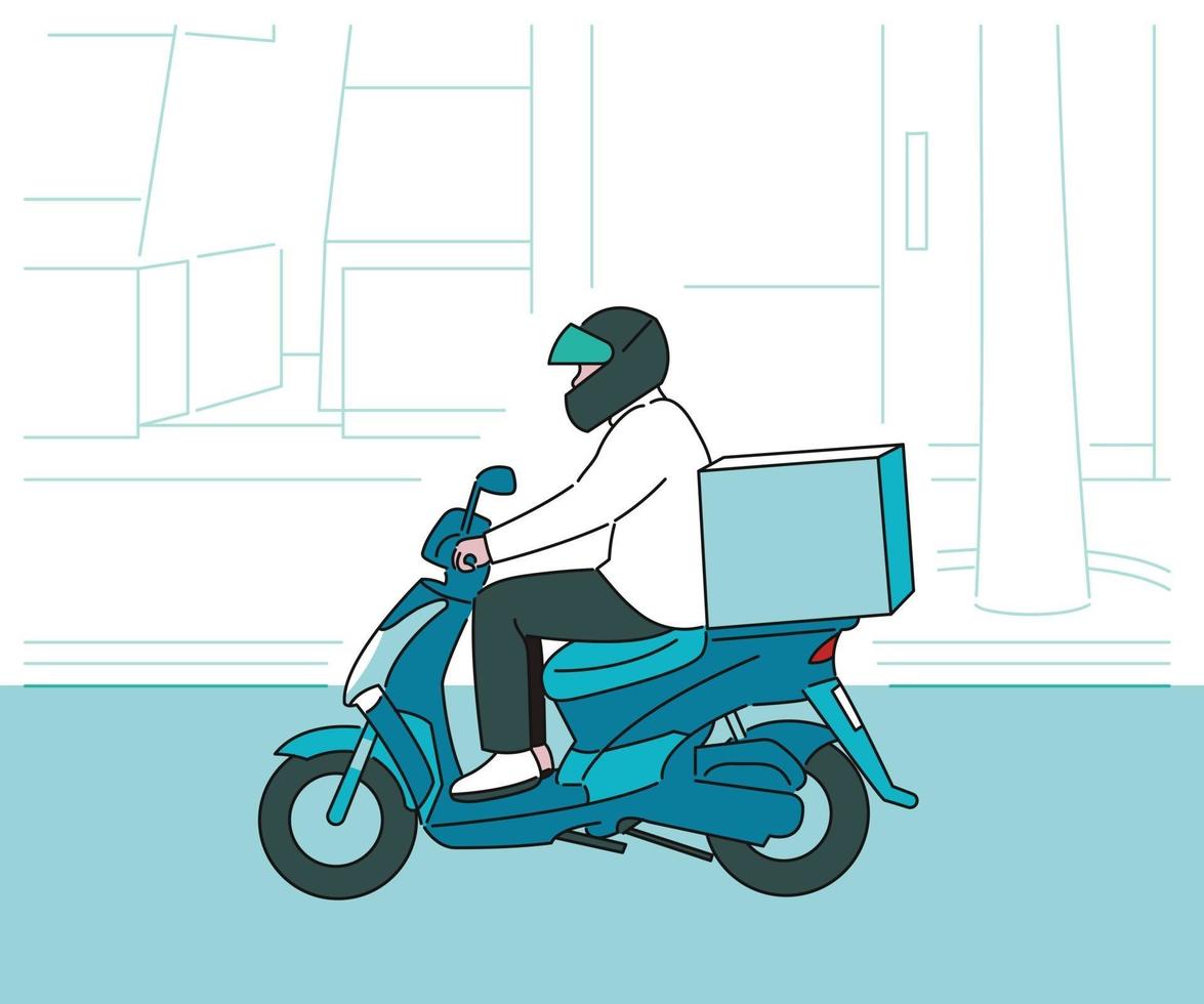 un livreur portant un casque court sur une moto. illustrations de conception de vecteur de style dessiné à la main.