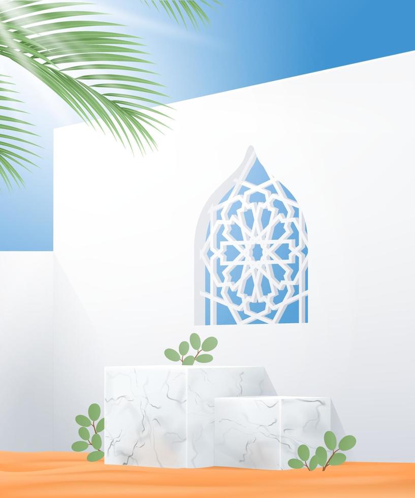Podium en marbre islamique extérieur minimal 3d avec du sable, des feuilles vecteur