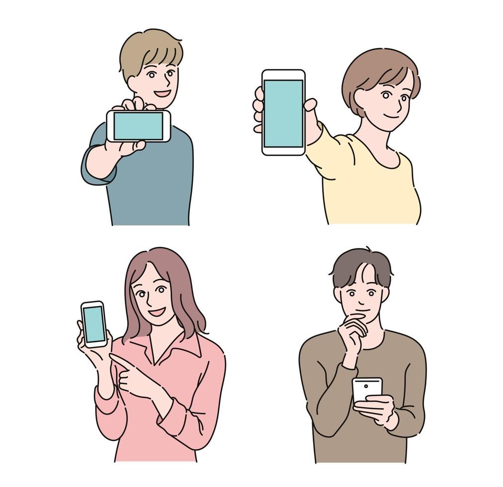 personnes détenant des téléphones portables. illustrations de conception de vecteur de style dessiné à la main.