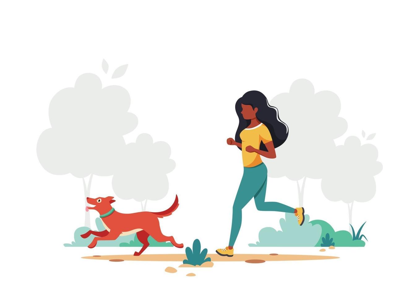 femme noire jogging avec chien. activité de plein air. illustration vectorielle. vecteur