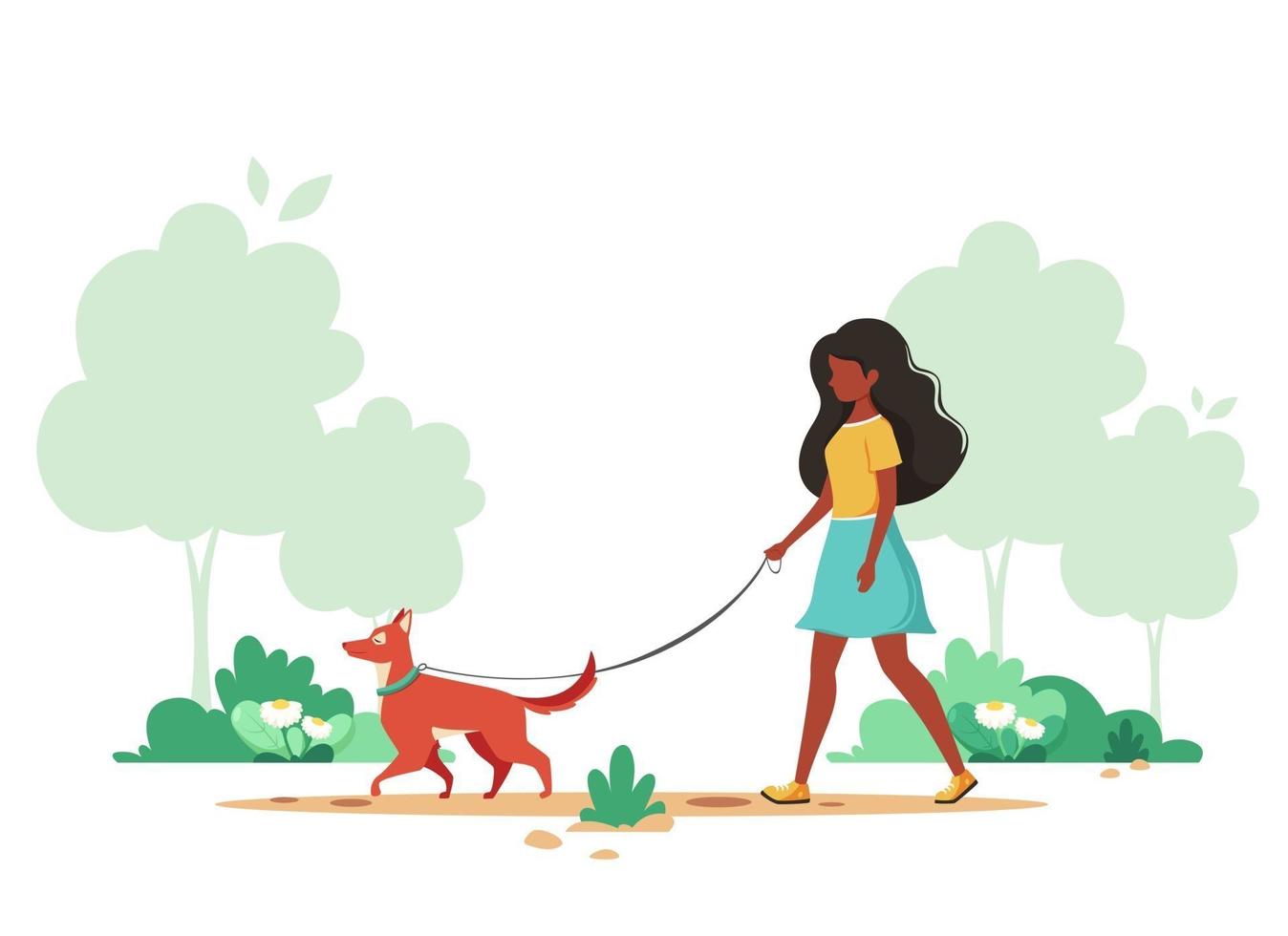 femme noire marchant avec un chien au printemps. concept d'activité de plein air. illustration vectorielle. vecteur