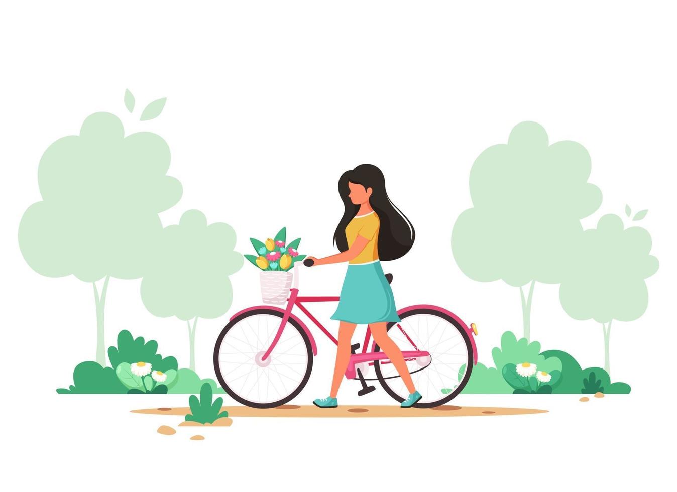 femme avec un vélo avec des fleurs dans le panier. printemps. illustration vectorielle. vecteur