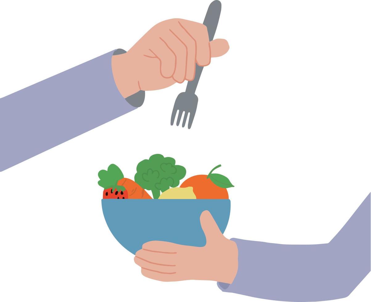 image main dessin main geste en utilisant fourchette à manger fruit et en portant une bol plein de en bonne santé nourriture illustration vecteur