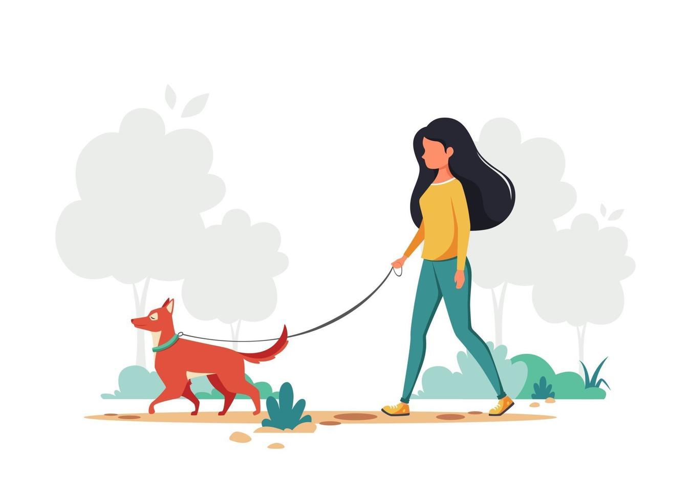 femme qui marche avec un chien. concept d'activité de plein air. illustration vectorielle. vecteur