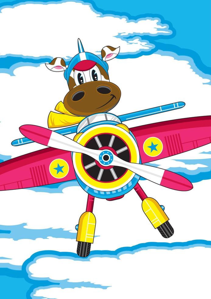 mignonne dessin animé vache pilote en volant étoile avion illustration vecteur