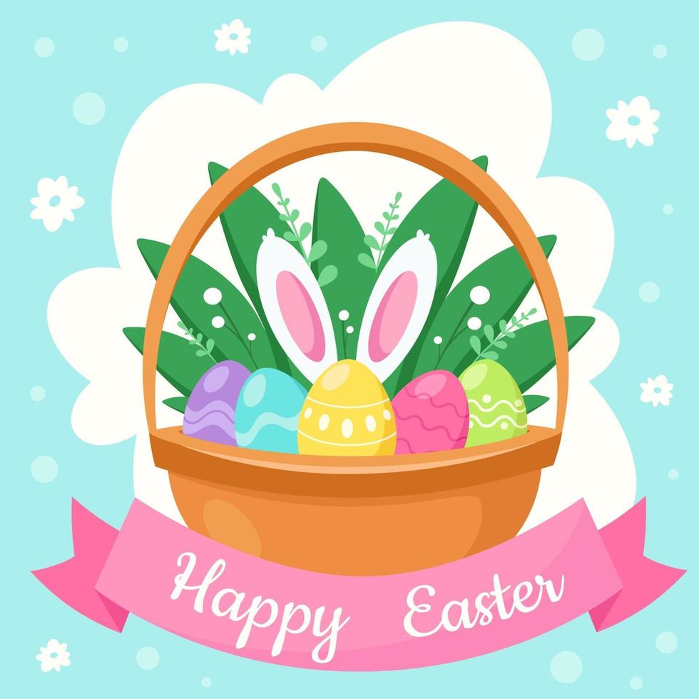 carte de voeux joyeuses Pâques. panier avec des oeufs de Pâques. illustration vectorielle vecteur