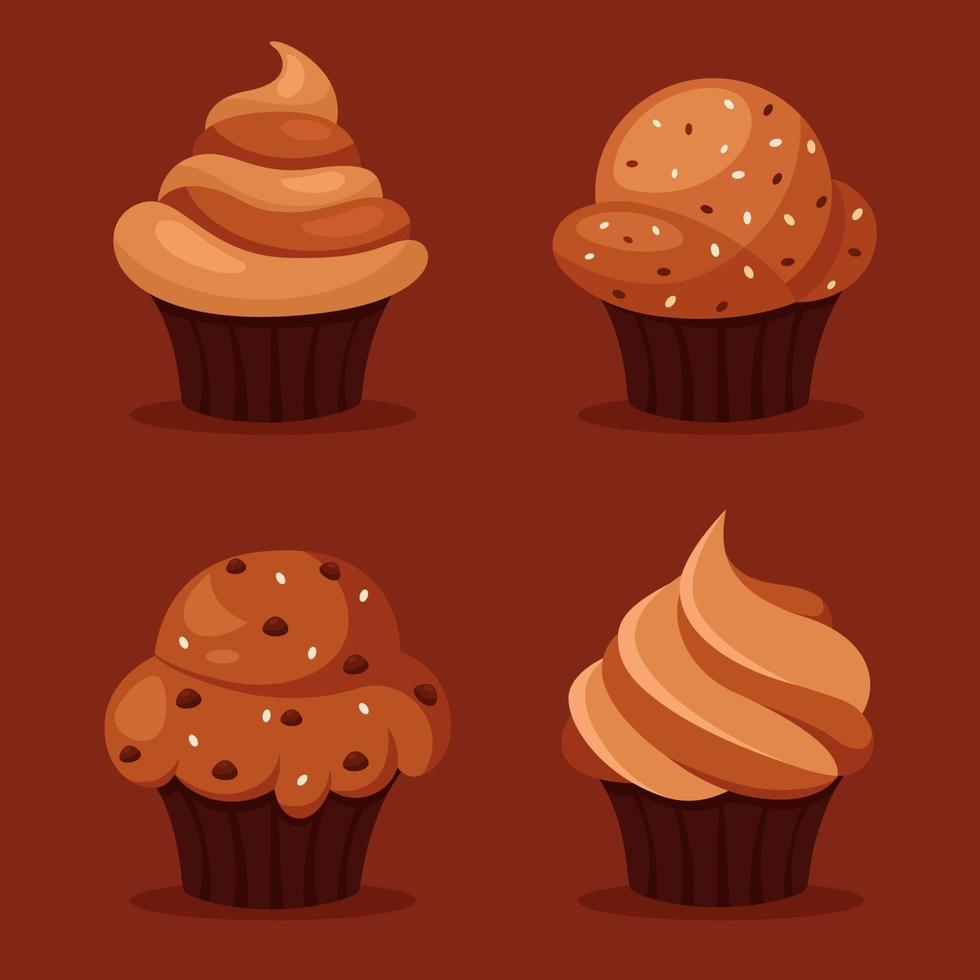 Cupcakes au chocolat. muffins au chocolat. pâtisseries, glaçage au chocolat. illustration vectorielle dans un style plat. vecteur