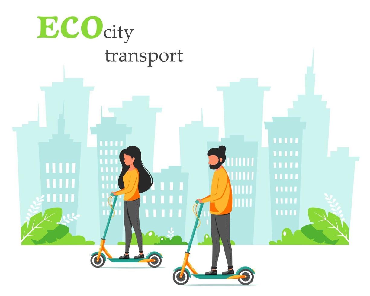 transport urbain écologique. homme et femme en trottinette. illustration vectorielle vecteur
