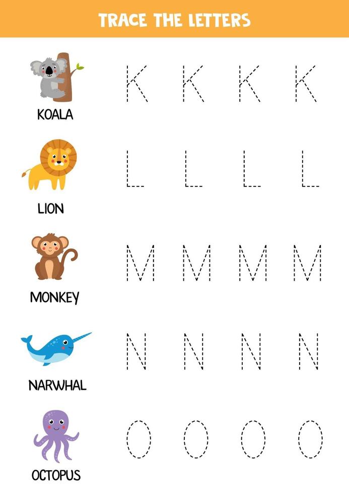 traçage des lettres de l'alphabet anglais avec des animaux. pratique de l'écriture. vecteur