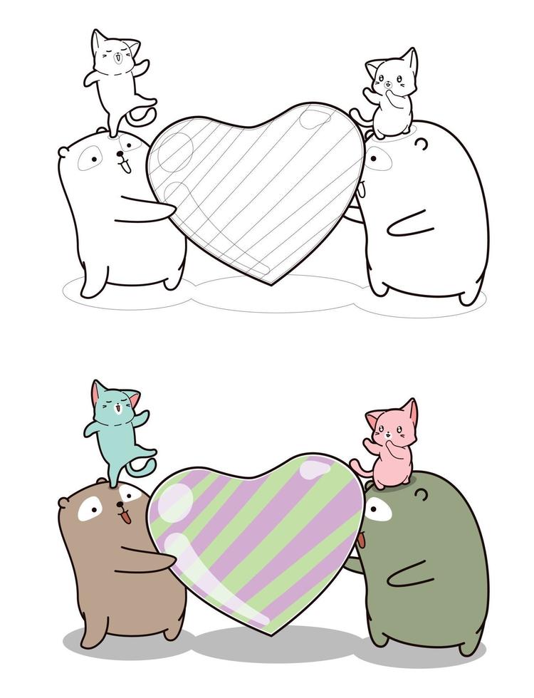 adorables chats et ours avec grand coeur en forme de bonbons coloriage de dessin animé pour les enfants vecteur