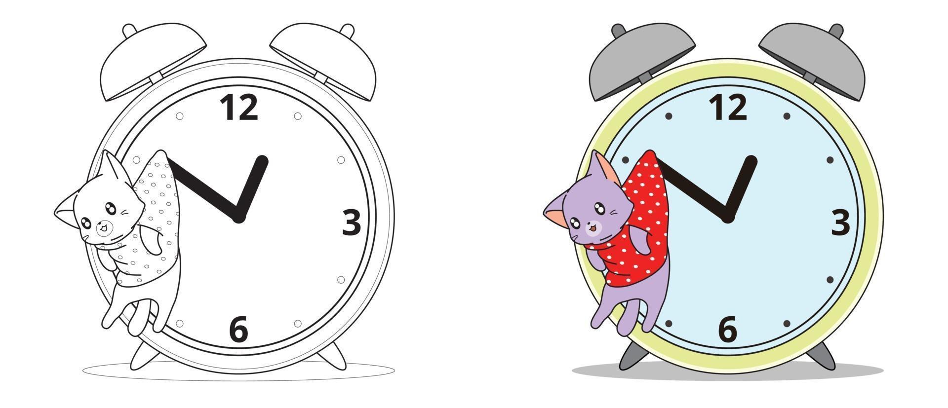 adorable chat et horloge coloriage de dessin animé pour les enfants vecteur