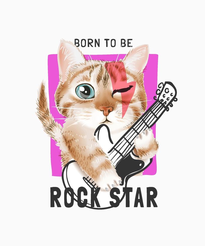 slogan de rock star avec chat mignon de bande dessinée jouant illustration de guitare vecteur