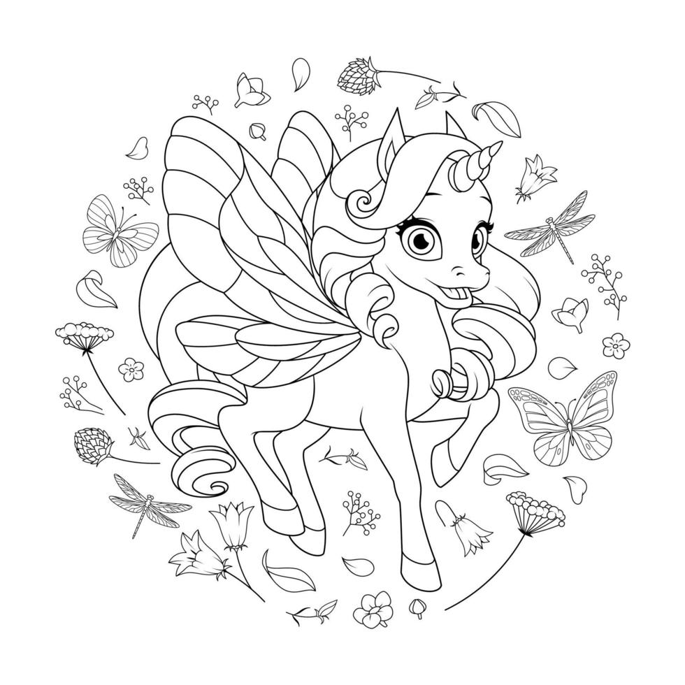 licorne de fée mignonne avec des ailes entourées de fleurs et de papillons. illustration vectorielle noir et blanc pour coloriage. vecteur