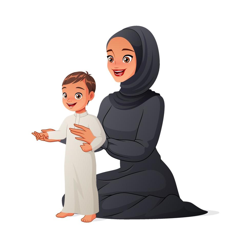 mère arabe aidant son enfant à faire ses premiers pas. illustration vectorielle de dessin animé. vecteur