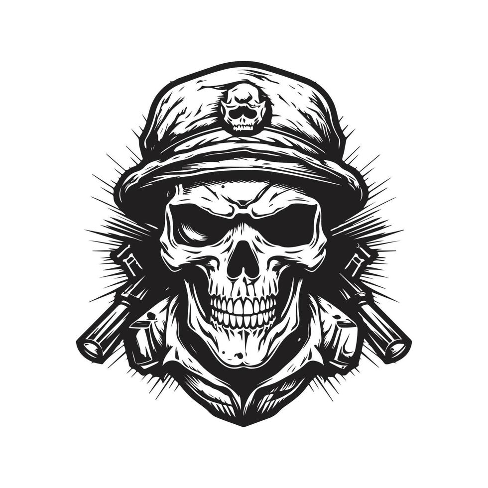 crâne soldat, ancien logo concept noir et blanc couleur, main tiré illustration vecteur