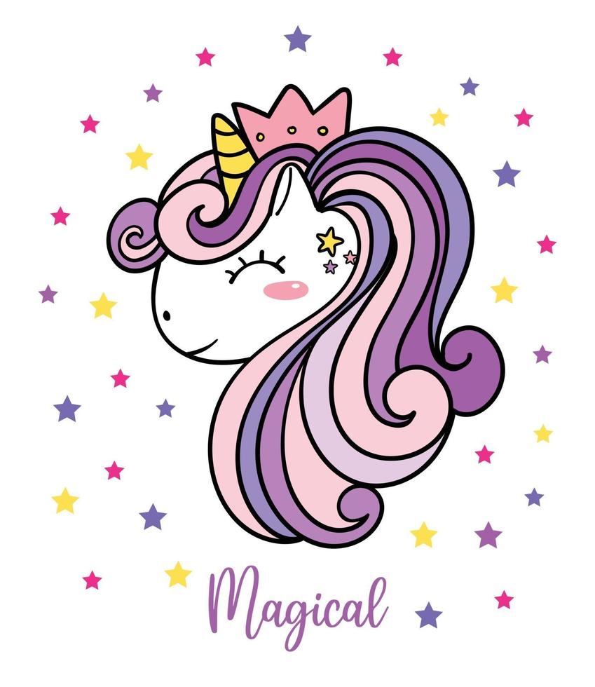 mignon bébé violet licorne tête magique visage simple doodle contour vector illustration