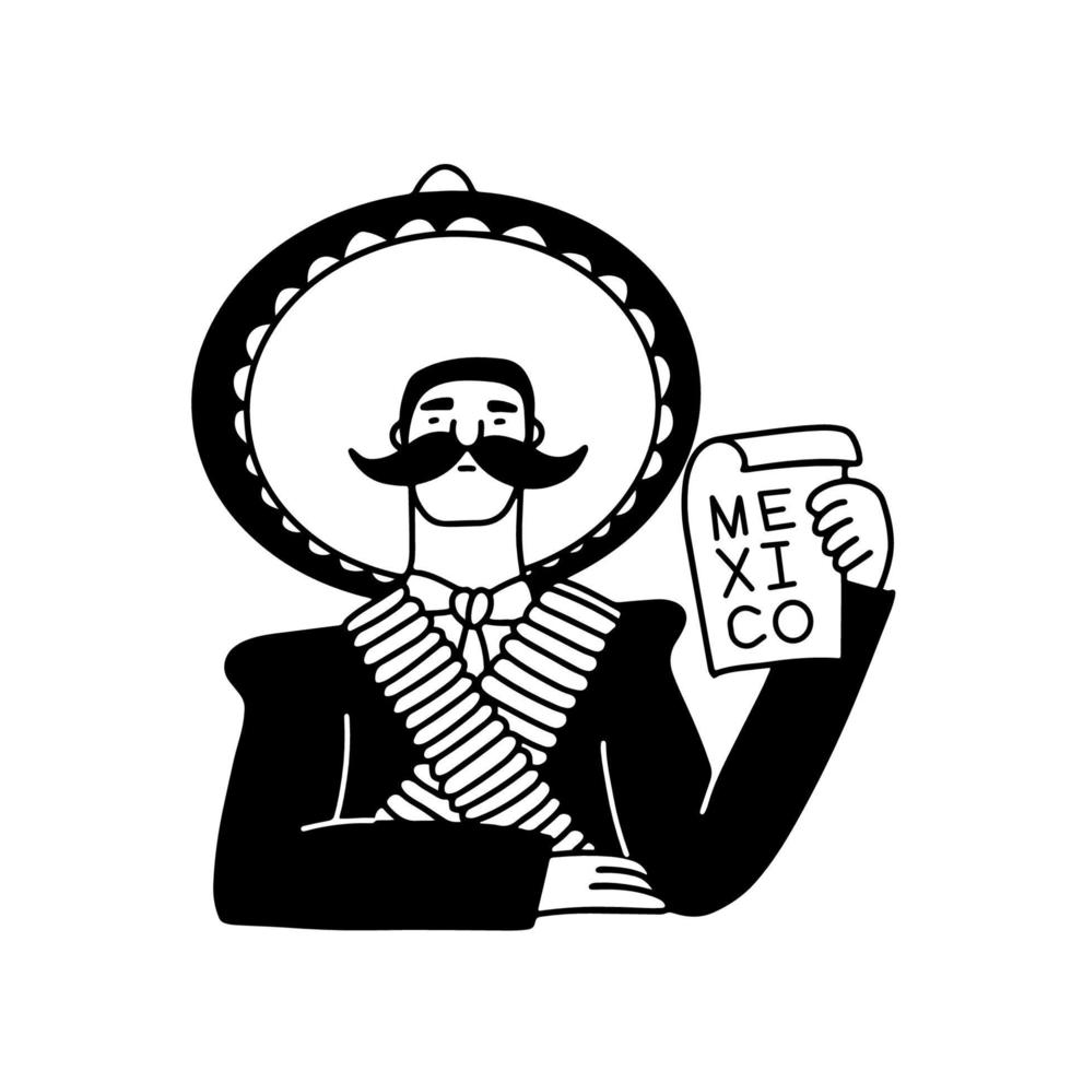 émilien zapata mexicain révolutionnaire héros personnage dans griffonnage style. Masculin mexicain avec franchi munition ceintures, sombrero et papier feuille. linéaire isolé vecteur illustration noir sur blanche.