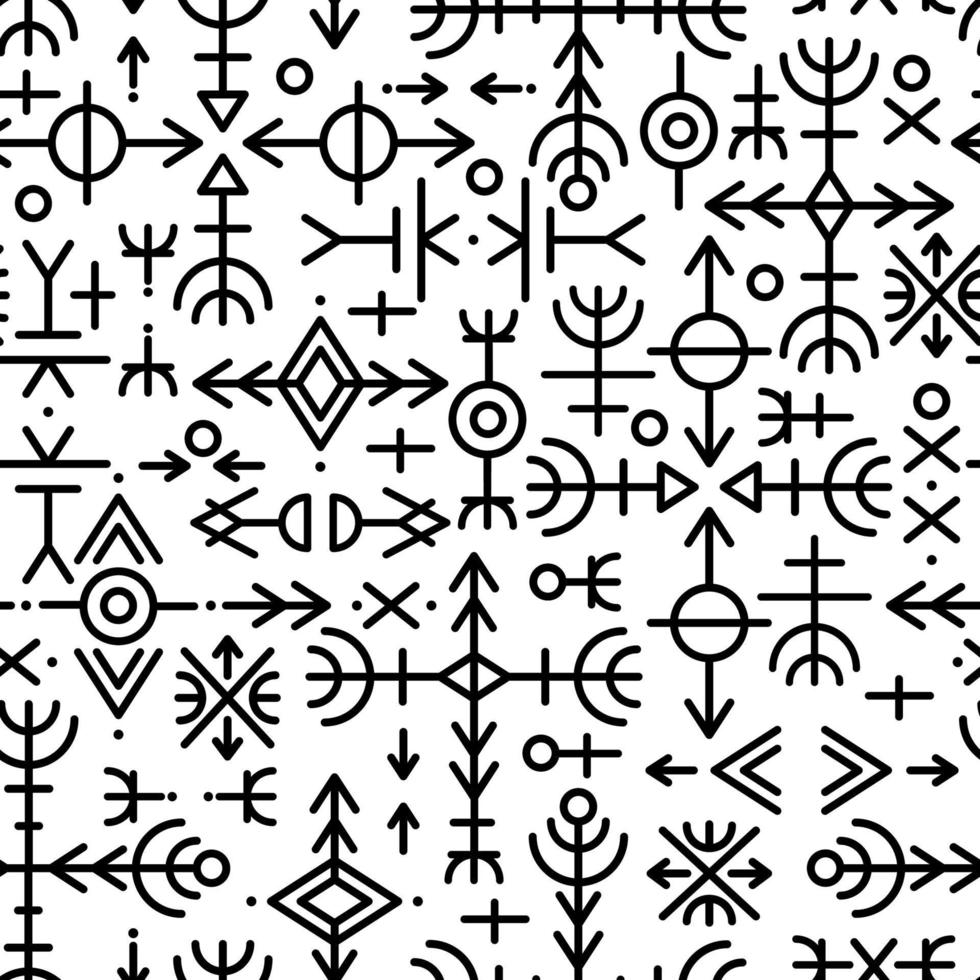 modèle sans couture islandais norvégien ethnique. talismans runiques des vikings et des peuples du nord. runes magiques et magiques. signes païens. fond répétable futhark. vecteur