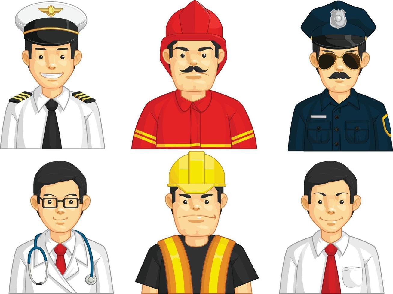 dessin animé, ouvrier du bâtiment, docteur, pilote, police, avatar, mascotte, dessin, ensemble vecteur