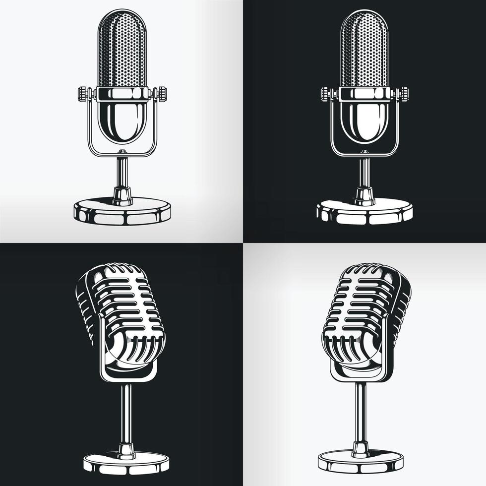 Silhouette old vintage radio microphone rétro podcast dessin au pochoir ensemble vecteur