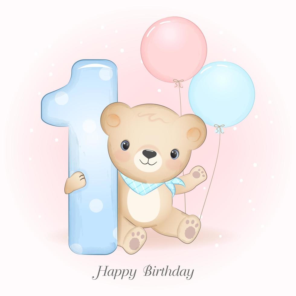 une illustration du dessin animé - joyeux anniversaire, 1 an, une jolie  petite fille ours. illustration vectorielle. 5001944 Art vectoriel chez  Vecteezy