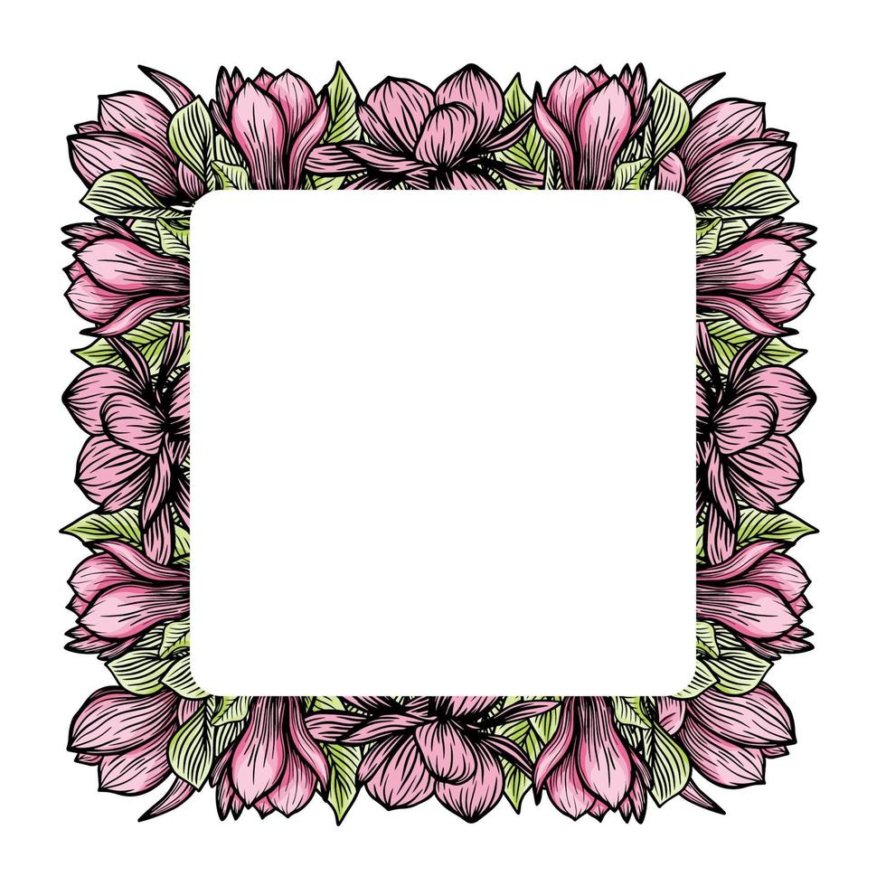 guirlande, cadre carré de fleurs de magnolia, silhouette de fleurs épanouies. printemps, design floral pour cartes, invitations, emballage vecteur