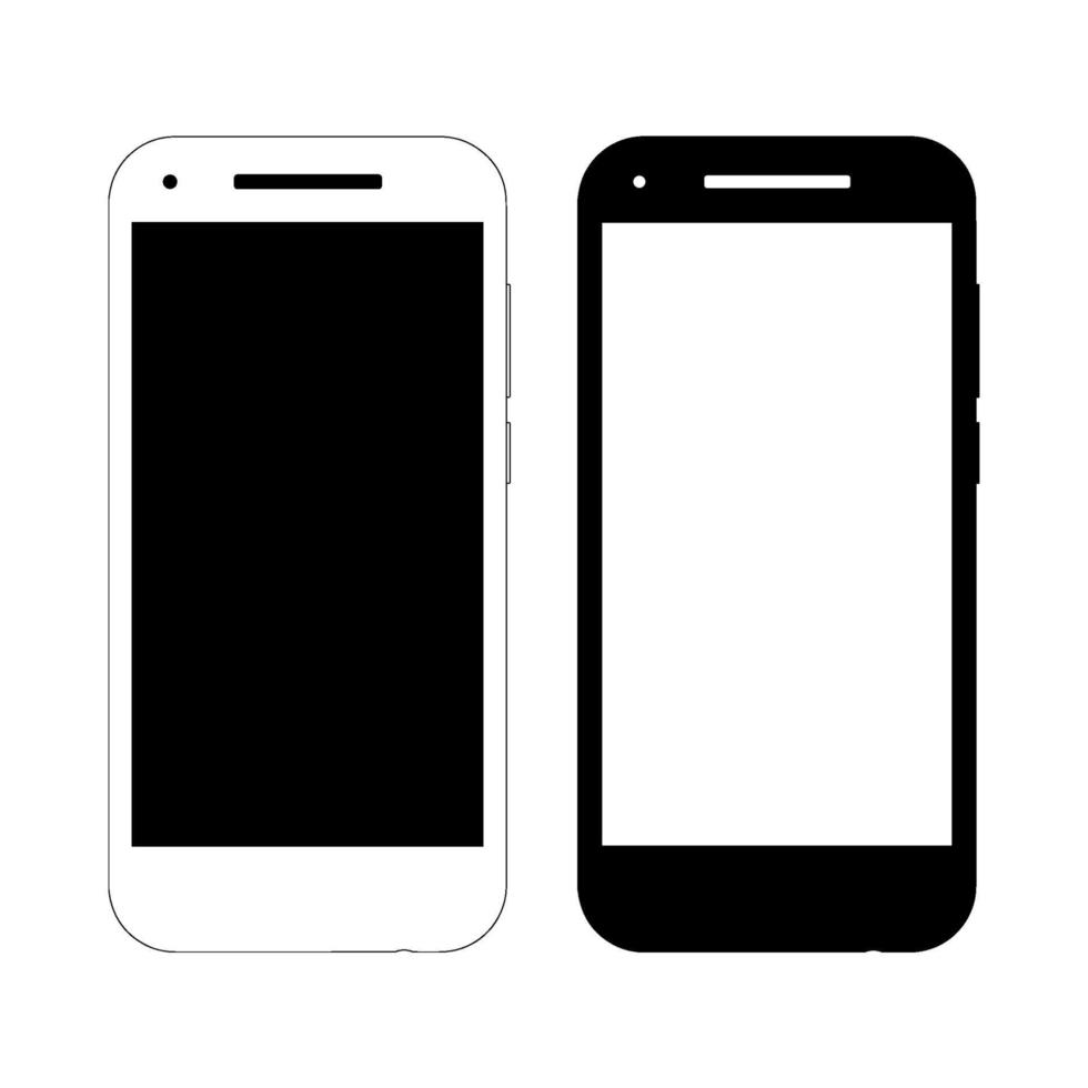 deux maquettes de smartphone de vecteur. vue de face, options noir et blanc. convient à la conception de pages Web, d'icônes, de bannières, d'impression. modèle abstrait d'un fabricant abstrait. vecteur