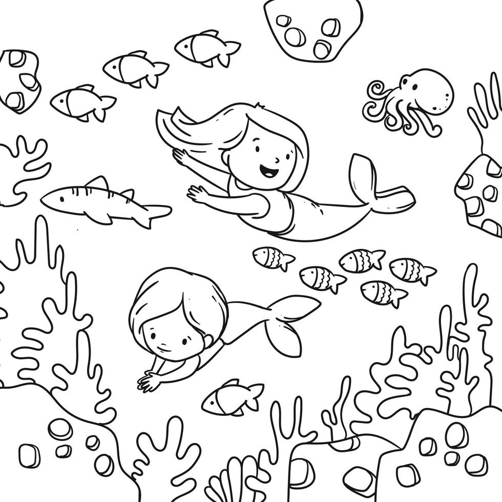vecteur illustration de sirènes, poisson, corail récifs et en dessous de mer pour coloration page, coloration livre, etc