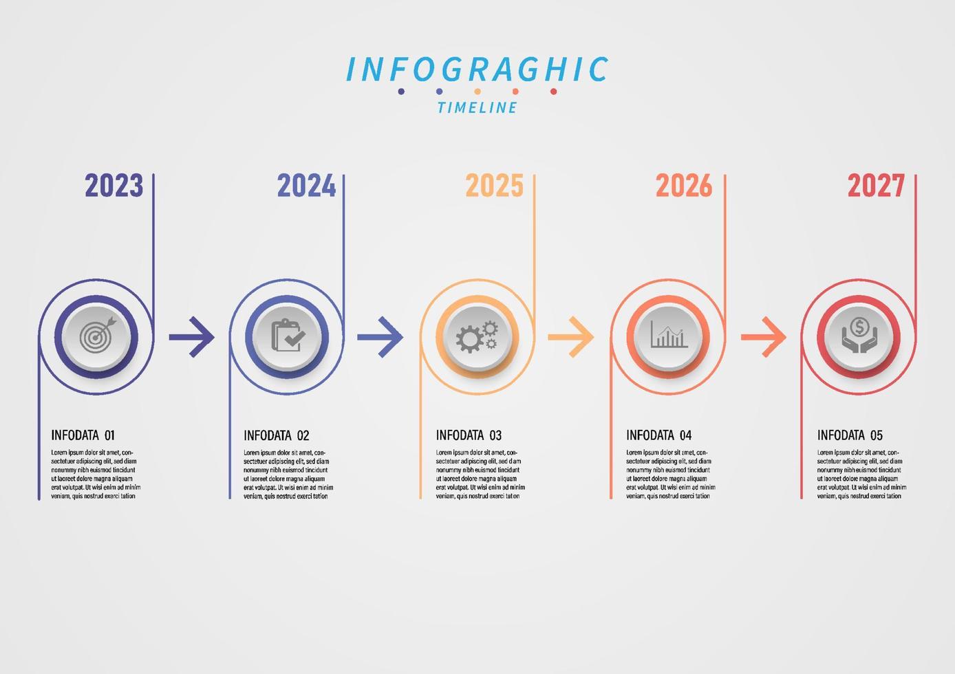 moderne infographie chronologie 5 ans cercle ligne multi pastel Couleur centre icône la navigation La Flèche conception pour affaires, planification, marketing, finances, investissement vecteur