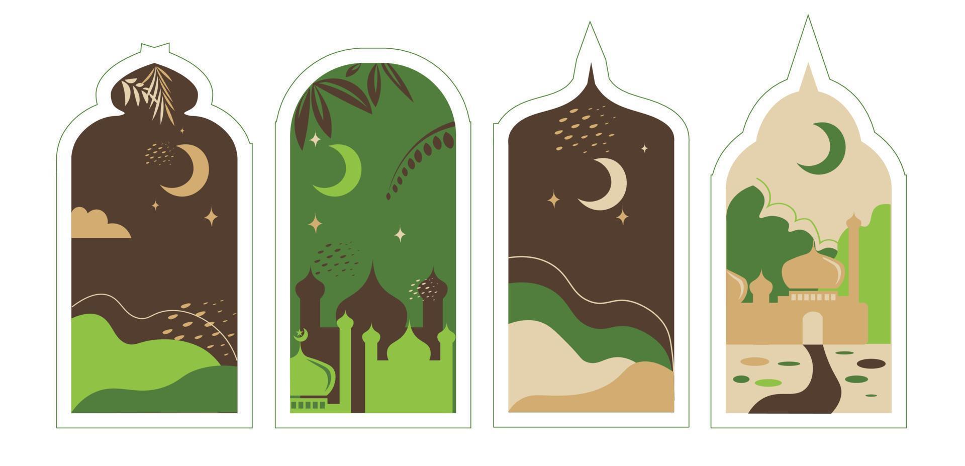 collection de Oriental vert style islamique les fenêtres et arches avec moderne boho conception, lune, mosquée dôme et lanternes vecteur