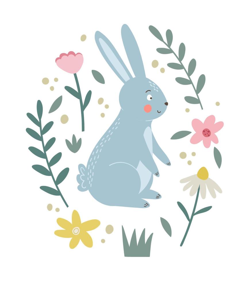 vecteur illustration lapin dans fleur Cadre. composition de une lapin avec floral éléments