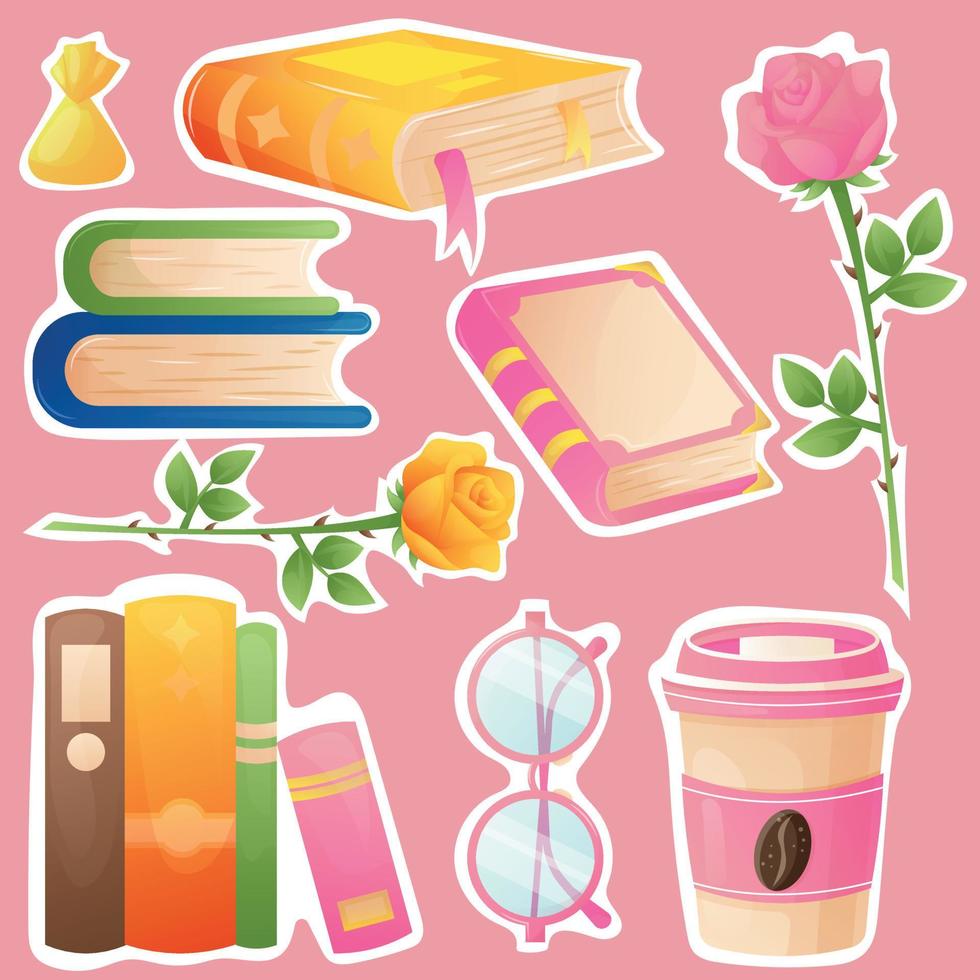 dessin animé mignonne autocollant ensemble pour monde livre journée avec coloré brillant livres, aux femmes rose lunettes, différent coloré livre doubler, rose tasse de café, rose et Jaune des roses, fermé livres, bonbons et signets vecteur