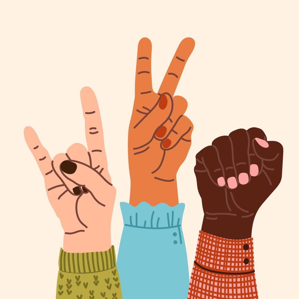 multiracial femme mains sa poing élevé en haut. fille pouvoir, fraternité, société, soutien, en bonne santé vie, compassion, manifestation, révolution, féministes lutte, vecteur dessin animé illustration