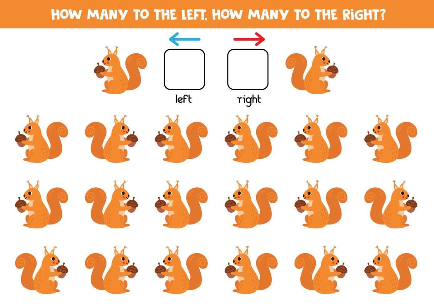 la gauche ou droite avec mignonne dessin animé écureuil. logique feuille de travail pour enfants d'âge préscolaire. vecteur