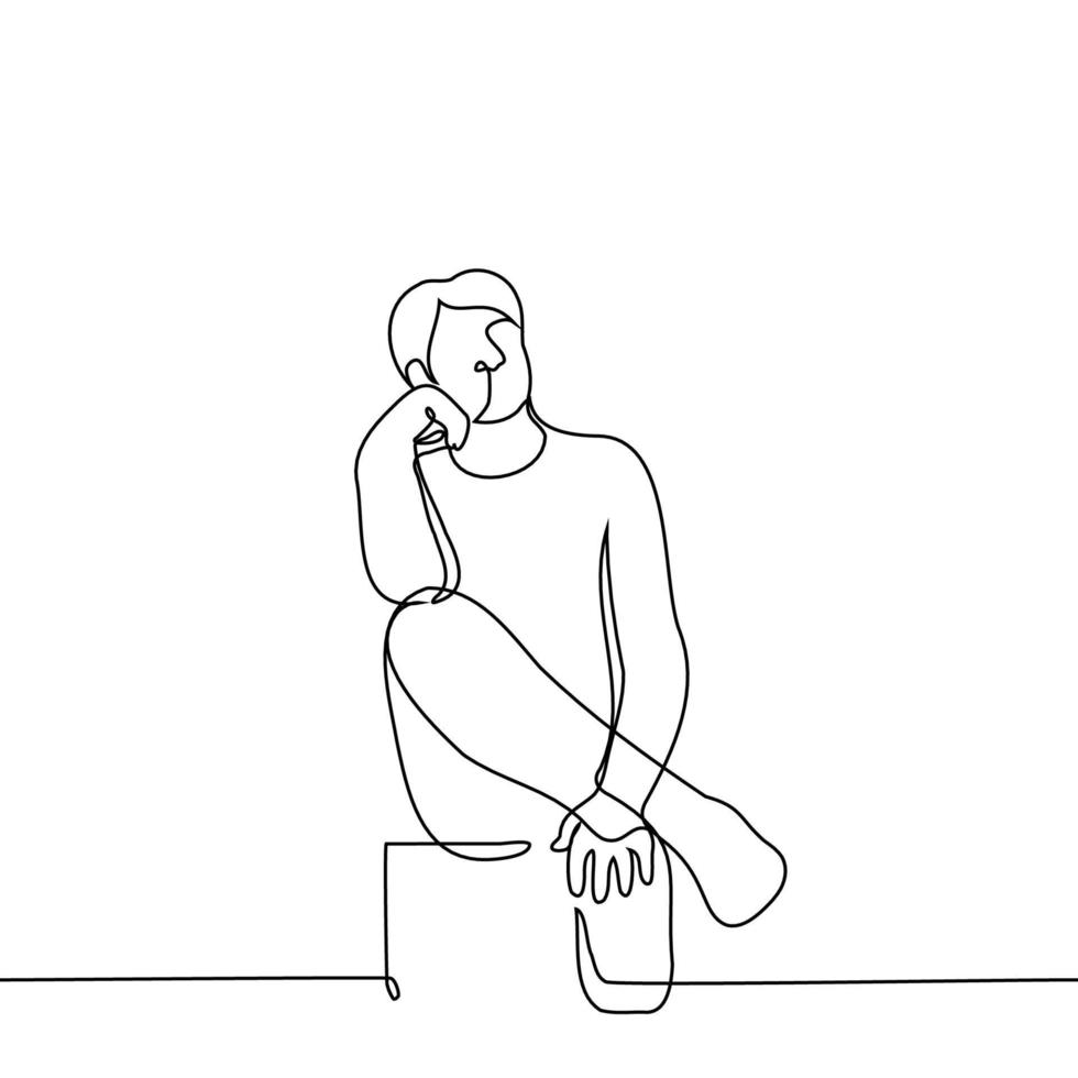 homme est assis sur une tabouret avec le sien jambes franchi et repos le sien coude sur le sien le genou accessoires le sien tête - un ligne dessin vecteur. concept penseur vecteur